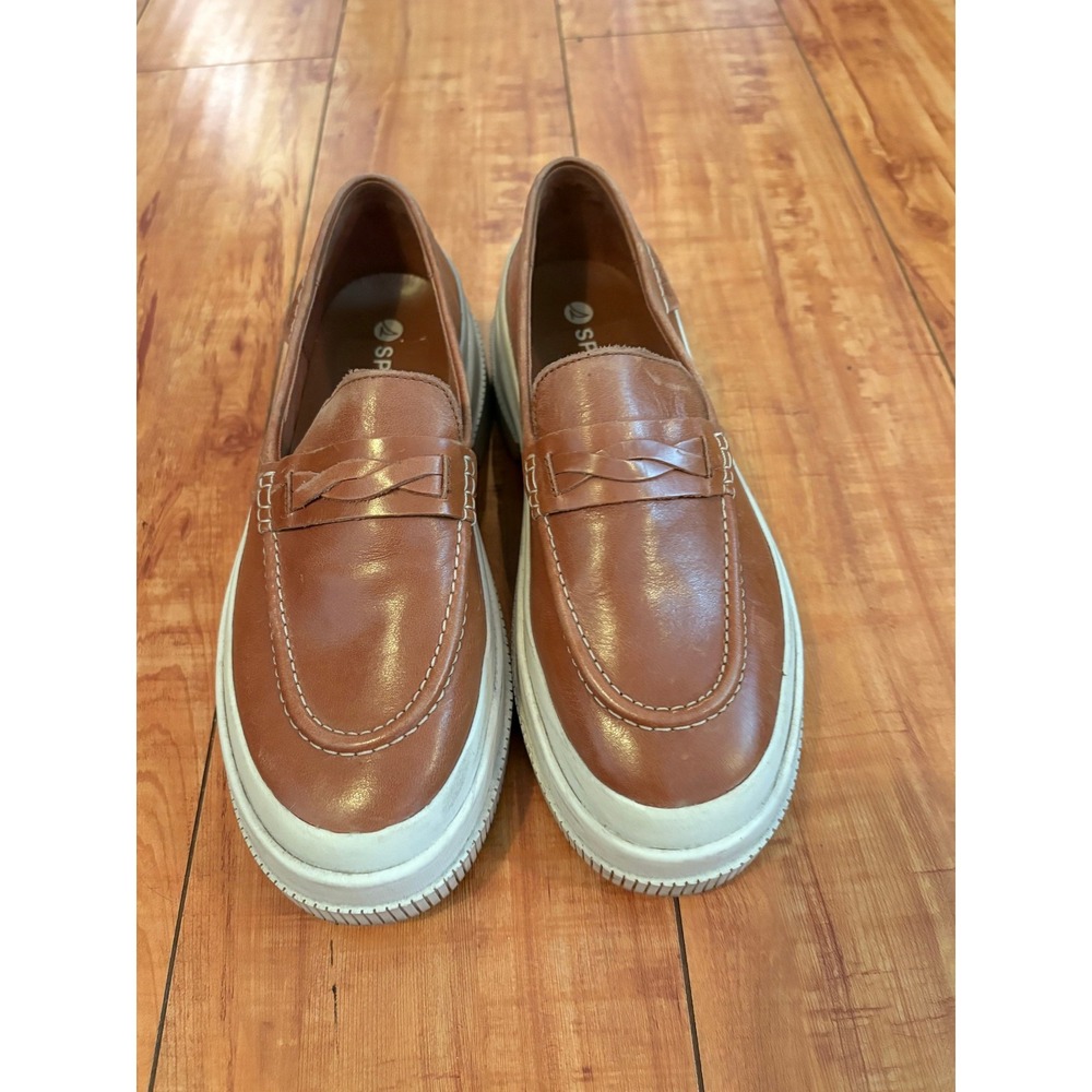 Sperry Women's Tan Leather Platform Penny Loafers Slip-On White Sole 8M
